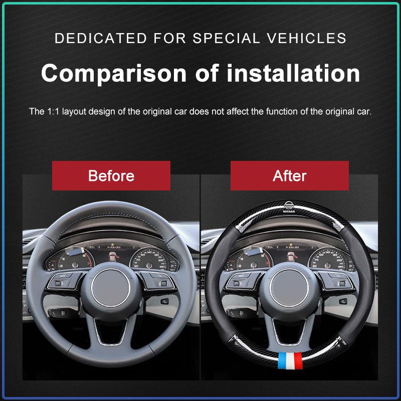 1Pcs Leather Carbon Fiber Car Steering Wheel Cover Emblem For Nissan Skyline Almera Qashqai Note Tiida Teana Juke Xtrail Nismo