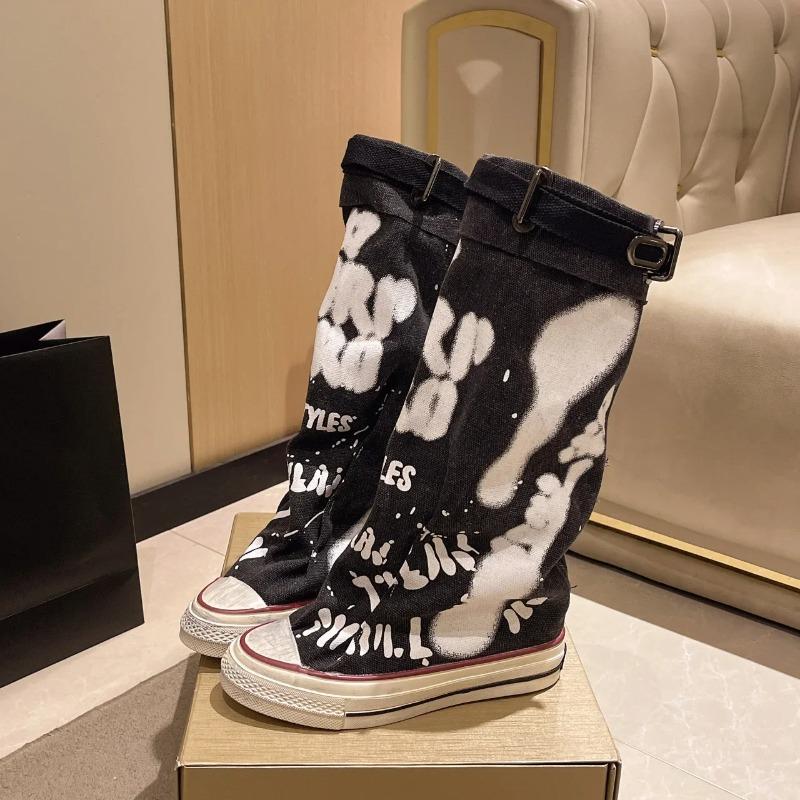 Graffiti Design Women Boots Classic Breathable Canvas Boot Fashion Mid-calf Boot Non Slip Rubber Sole Platform Boots Botas Mujer