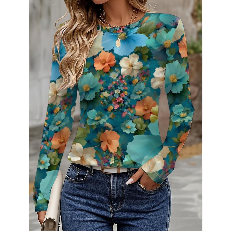 

Топ с круглым вырезом и 3D-цветочным принтом, повседневные женские футболки с длинным рукавом - Мягкая полиэстеровая ткань средней эластичности, одежда свободного кроя для весны и осени 5XL