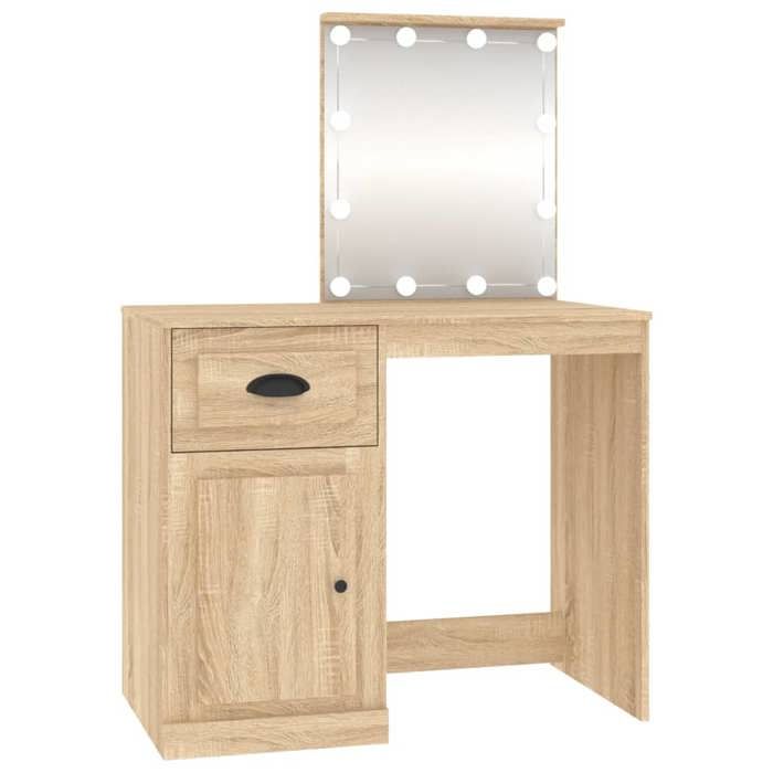 VidaXL Coiffeuse avec LED, Table de Maquillage avec Rangement, Table Cosmétique, Meuble de Chambre à Coucher, Moderne, Chêne 816771
