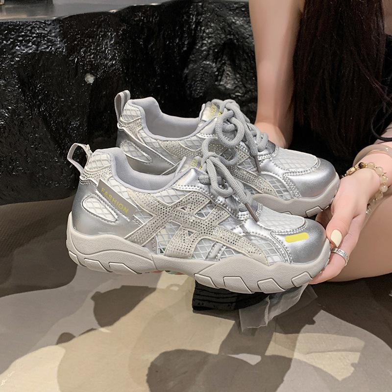 

Fashion rhinestone leather breathable mesh German training shoes women s 2025 new comfortable fashion versatile casual Forrest Gump shoes tide 40 серебряный