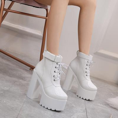 14CM Russische Bestseller Damen Schuhe Dicke Plateau Hoher Absatz Damen Stiefeletten Runde Zehen Schnürung Reißverschluss Motorradstiefel