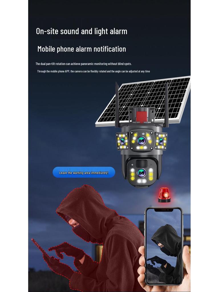 Three-Screen Solar-Powered Waterproof Outdoor Camera with 360° Panoramic View and Humanoid Detection