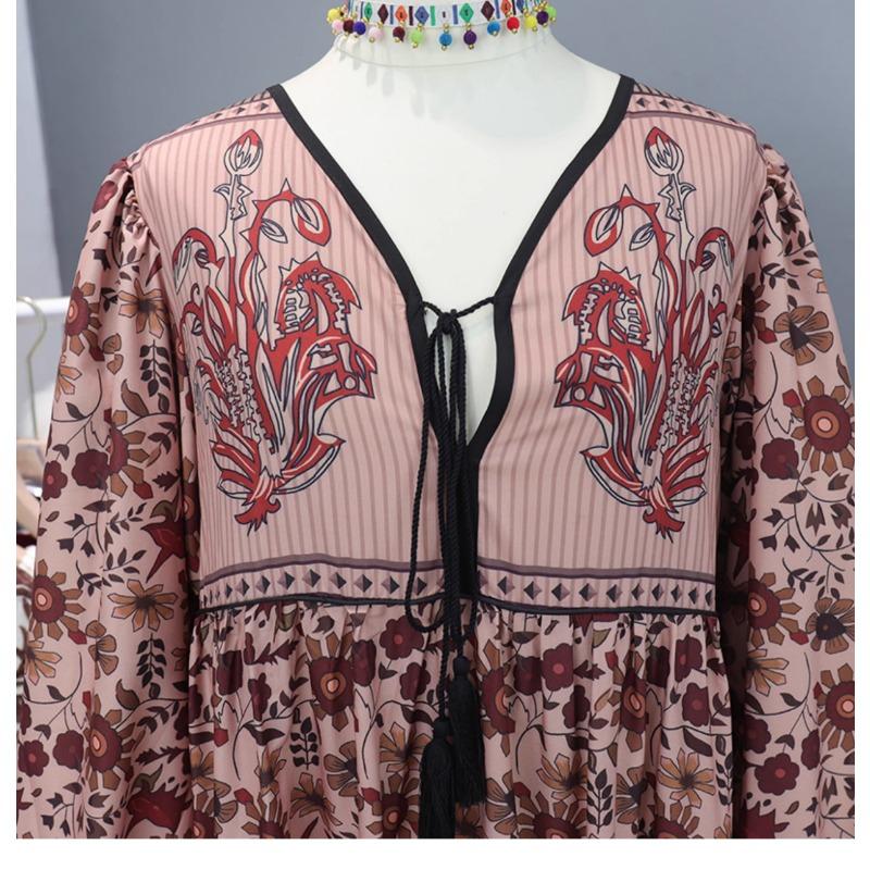 Dovolená Bohémský potisk Dlouhé šaty Jaro Podzim Retro Volné oblečení Elegantní Dlouhý rukáv Výstřih do V Šněrování Květinové Etnický styl Šaty