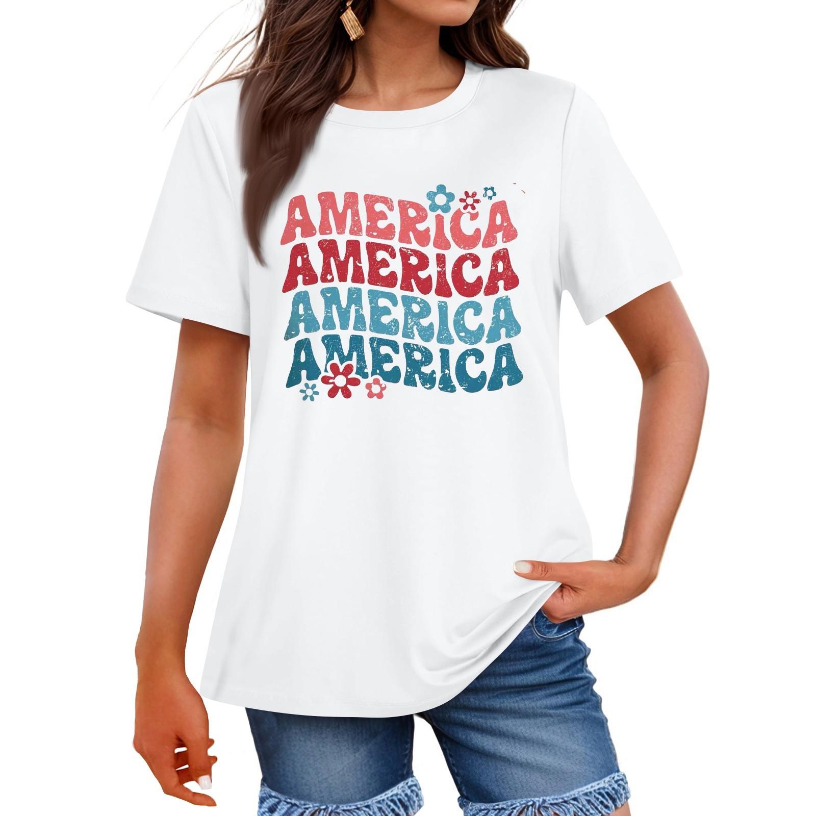 

Женская мода День независимости принт круглый вырез короткий рукав повседневная футболка топ S белый