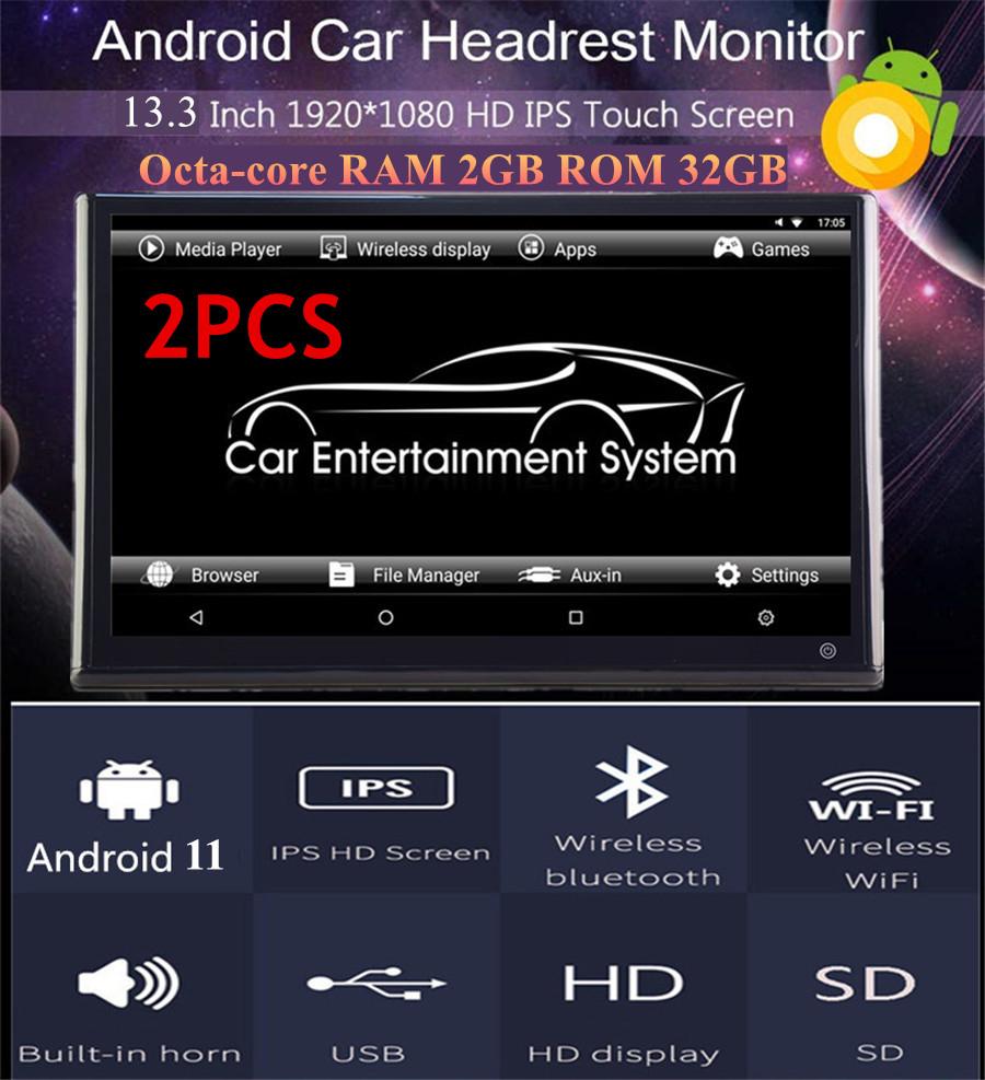 Pair 13.3" Touch Screen Android 11 Octa-core 2+32GB Headrest Monitor OBD TPMS FM