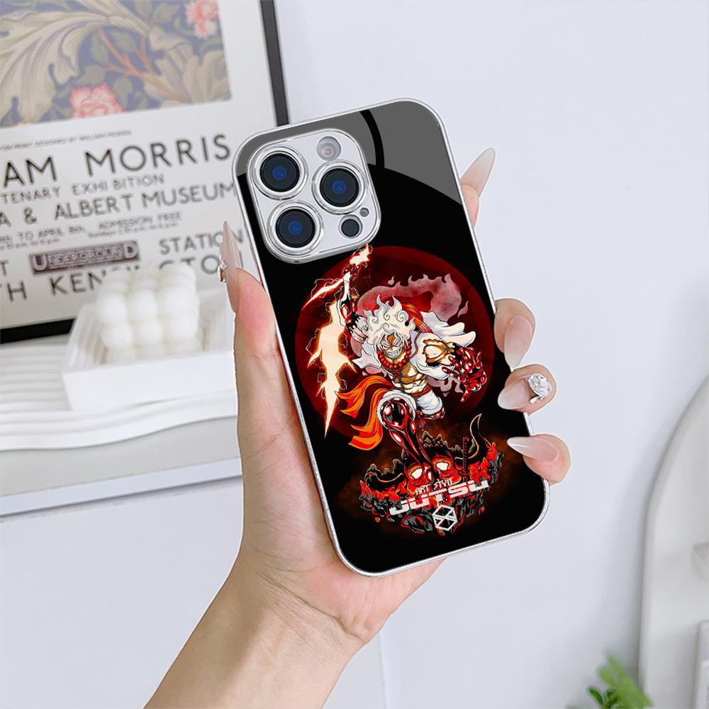 N128 Anime One Piece Gear 5 Phone Case for iPhone 16 15 13 Pro Max Samsung S24 S23 A54 A35 Xiaomi Redmi Note 13 Pro Plated Frame Tempered Glass Cover