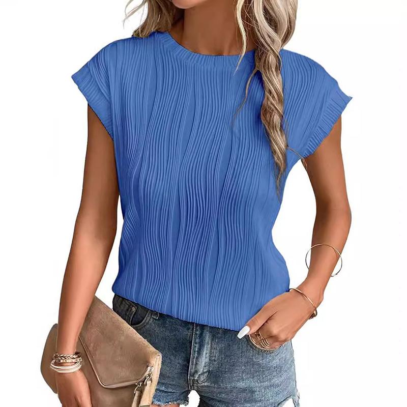 Crew Neck Short Sleeve for Women Summer Pleated Print Solid Short Sleeve Casual Fashion T-shirt Breathable Lightweight Comfortable Work Vacation Top