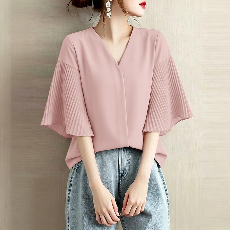 ZANZEA Women Casual V-Neck Pleated Half Sleeve Loose Blouse S камео розовый