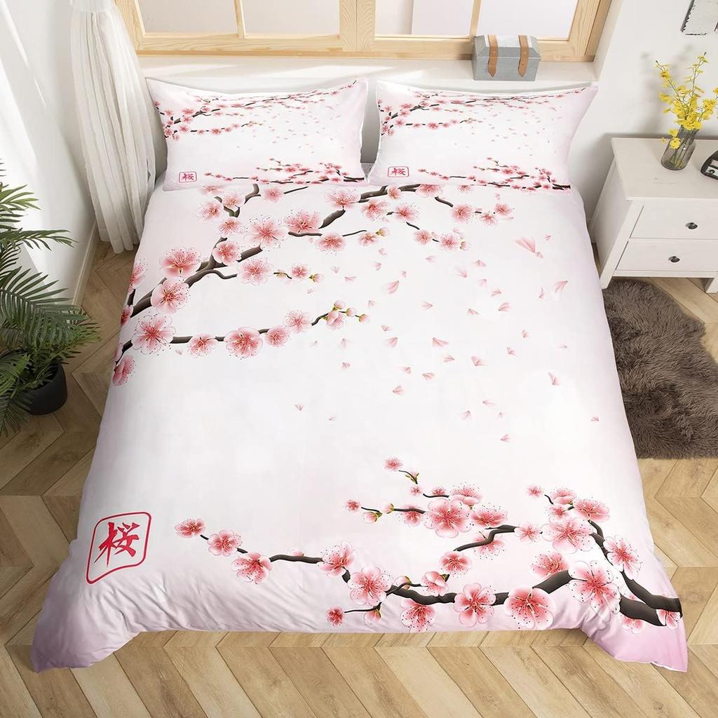Cherry Blossoms Duvet Cover King for Women Ink Painting Black White Comforter Cover Romantic Theme Bedding Set with 2 Pillowcase