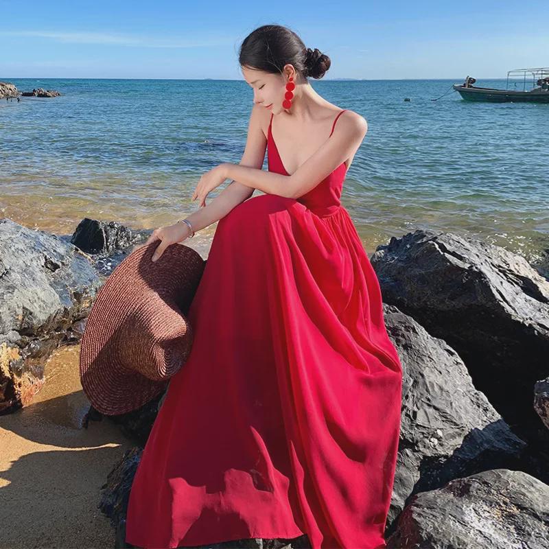 Elegant Red Fairy Beach Dress: Long, Backless, Sanya Travel Skirt