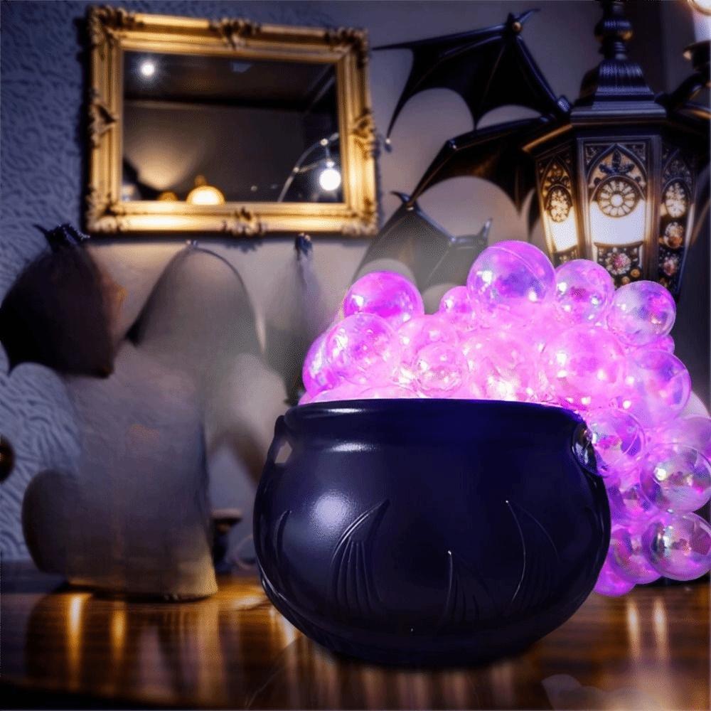 Luminous Halloween Bubbling Cauldron Decoration Plastic Purple Light Bubbling Pot Ornament Retro Remote Control Candy Jar