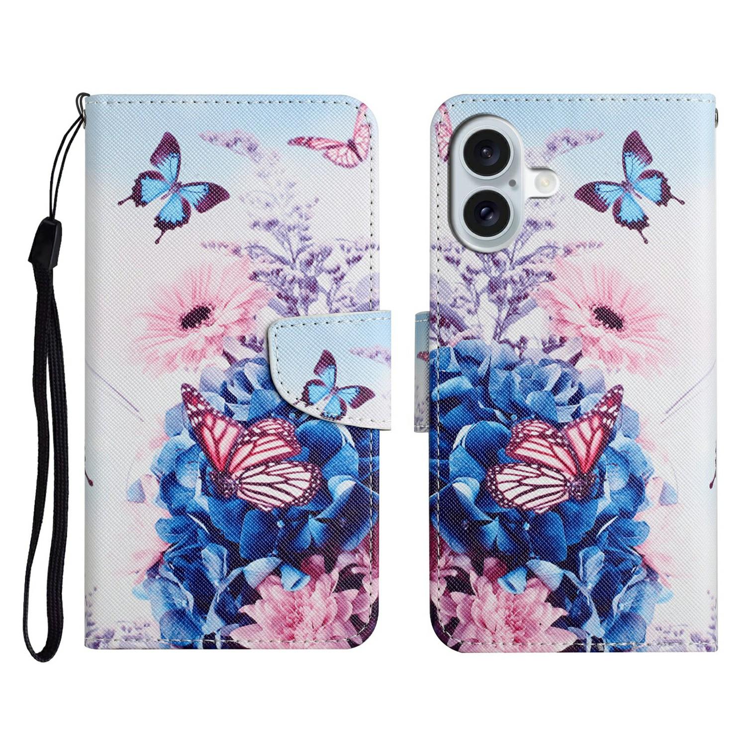 

For iPhone 17 Case Pattern Printing Protective Leather Folio Phone Cover with Wrist Strap Purple Butterfly