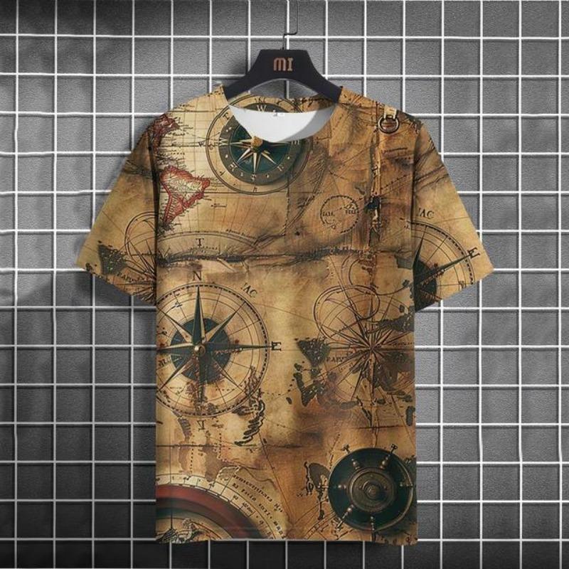 Vintage Men's T-shirt Summer American Shirt Tops Compass Printed Short-sleeve Tees Loose Daily Men Clothing Casual Streetwear