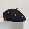 Japanese Style Black Knitted Beret Women Pearl Rhinestone Decor Hollow Out Breathable Literary Painter Cap Spring Summer