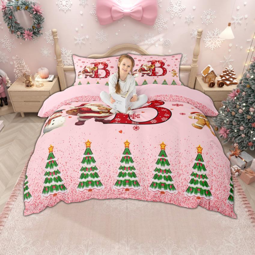 Homewish Xmas Monogrammed Duvet Cover Set For Boys Girls Christmas Santa Claus Bedding Set Girls Pink Snowflakes Quilt Cover