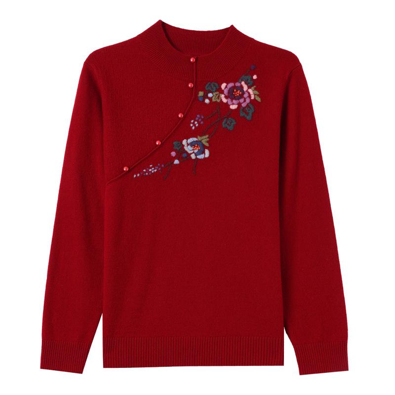 Stylish 100% Wool Sweater: Women's Autumn/Winter Embroidered Half-High Neck Knitwear, Warm Base Layer Cardigan