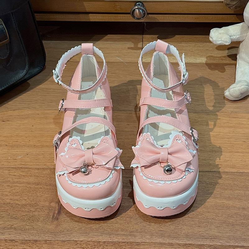 Spring New Wedge Shoes Women Round Head Shallow Bow Line with Waterproof Platform Anti-slip Wear-resistant Mary Single Shoes