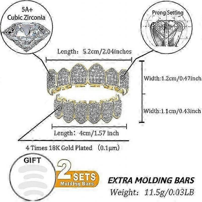 Diamond Grills for Your Teeth Women 18K Gold Plated Fully Iced Out CZ Vampire Top and Bottom Face Mouth Men with Extra Molding Bars Cosplay Costumegol