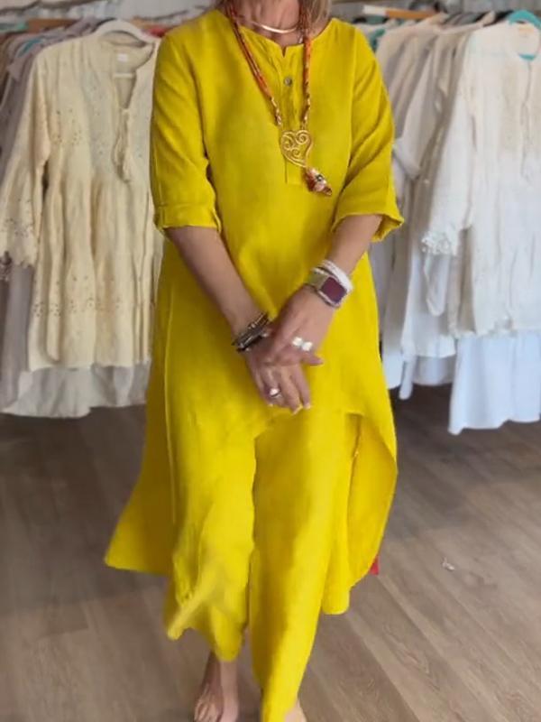 

2024 European & American Women s Cotton Linen Casual Long-Sleeve Solid Color Summer Set M жовтий