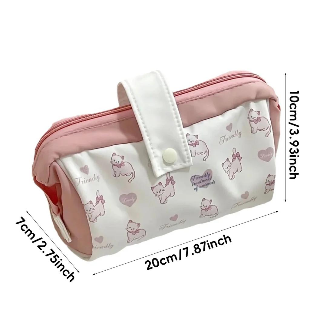 Cute Pink Cat Printed Pencil Case Back To School Ins Style Large Capacity Eco-Friendly Student Stationery Organizer & Makeup Bag