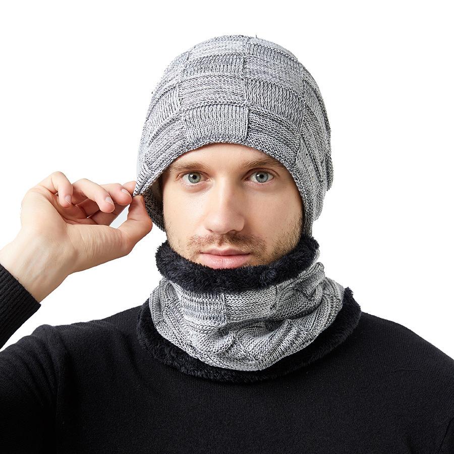 Autumn and Winter Men's Hats Two-color Square Plus Velvet Knitted Hats and Scarves Two-piece Set Couple Style Pile Hats