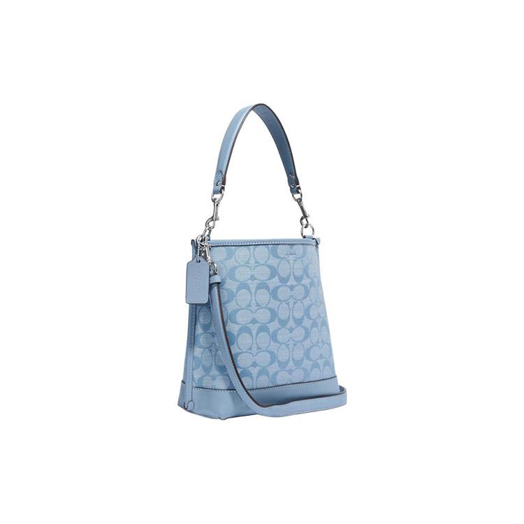 New COACH Mollie Cow Leather With Textile Bucket Bag, Handbag, Shoulder Bag, Crossbody Bag Trumpets Women's Light Blue CH230-SVM6A