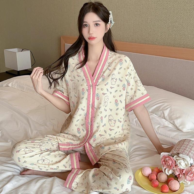 New Crepe Tulip Rabbit Large Size Pajamas Women's Spring Summer Short Sleeve Pants Two-piece Ins Style Loungewear