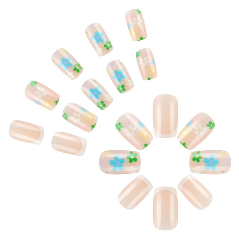 24 ks krátkých čtvercových nalepovacích nehtů s květinami, plné krytí, umělé nehty s francouzským tipem, lisovací nehty, manikúrní potřeby pro ženy