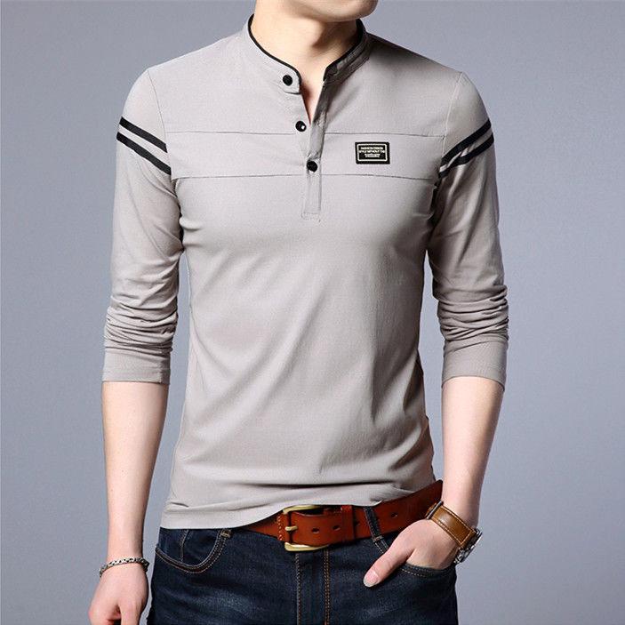 Men's Slim Fit Stand Collar Polo Shirt - Solid Color Long Sleeve for Spring & Autumn