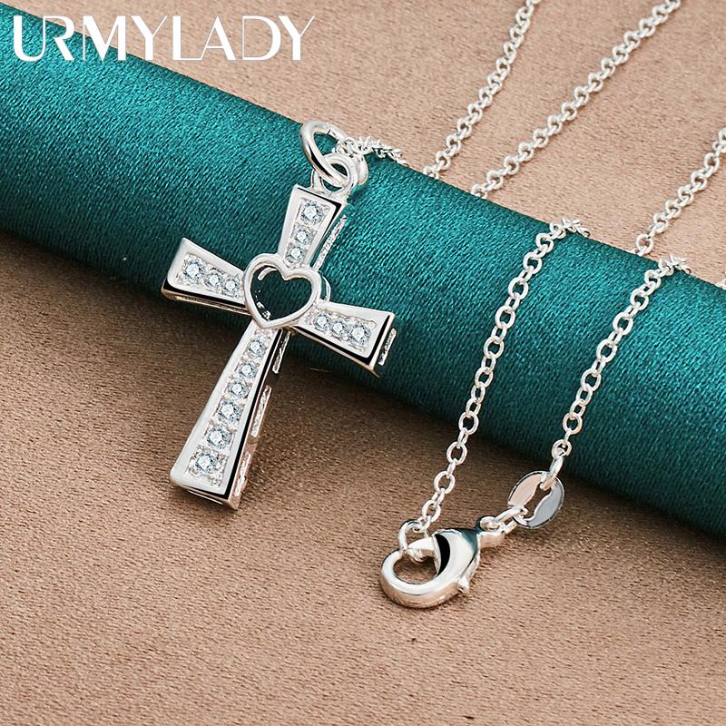 URMYLADY 925 Sterling Silver Cross Love 16-30 Inch Pendant Necklace For Women Wedding Fashion Jewelry
