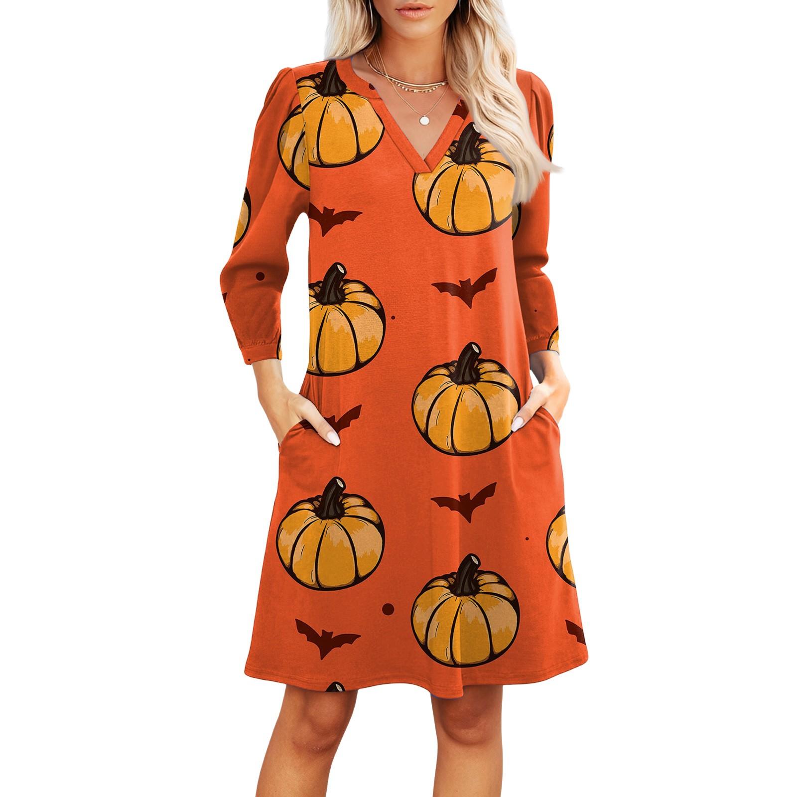 

Женское модное платье с V-образным вырезом, повседневное пляжное платье с рукавами три четверти, платье с принтом на Хэллоуин L оранжевый