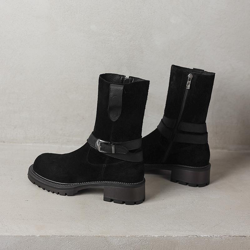 Krazing Pot Fashion Cow Suede Nubuck Winter Round Toe Modern Boots Med Heels Zipper Metal Buckle Mid-calf Boots