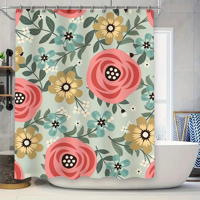 

Floral Shower Curtain with Pink Roses Modern Home Decor for Bathroom Waterproof Printed Fabric Bath Mat Cover Size 72x84 inches 90x180cm