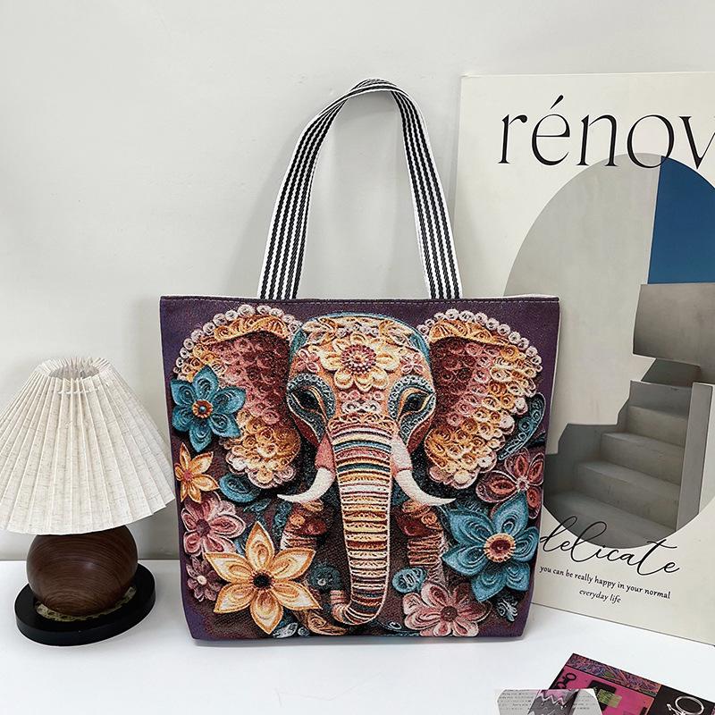 Bolsa de Ombro Feminina Bordada com Fio Dourado - Estilo Étnico, Grande Capacidade
