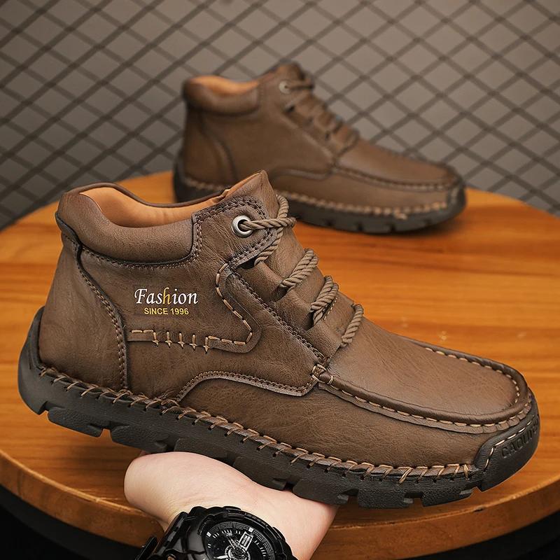 New Mens Ankle Boots High Quality Leather Warm Boots Comfortable Retro Outdoor Boots Lace Up Hiking Sneakers Men Casual Shoes