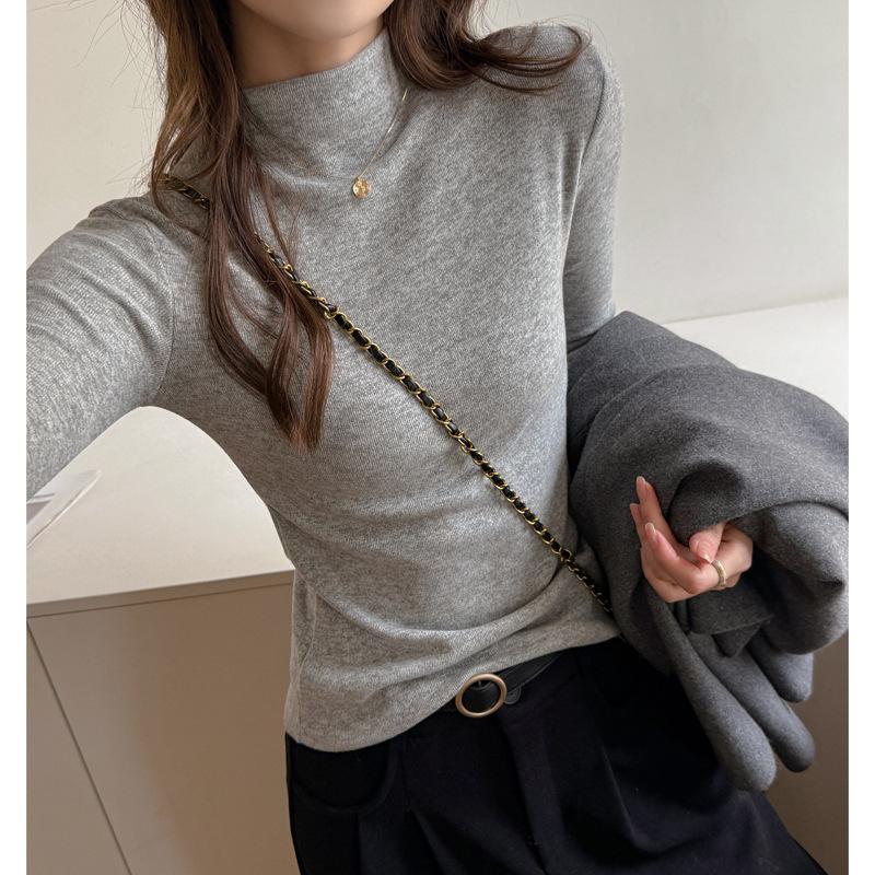 

осень зима полувысокий воротник однотонный приталенный низ футболка женская длинный рукав все-сочетаемая футболка-пуловер топ S серый