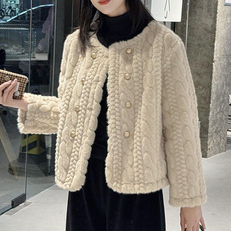 Women's Autumn Winter Short Faux Mink Fur Coat with Cotton Padding Thickened Crew Neck Fluffy Fashionable Outerwear