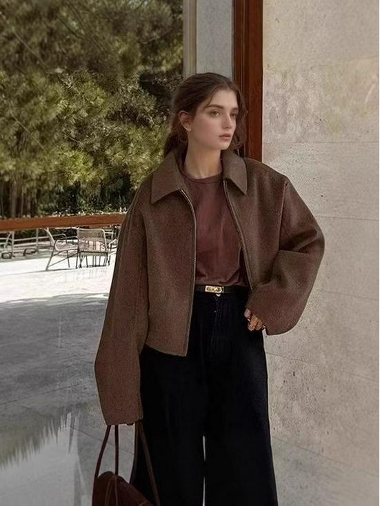 European and American Women's Retro Woolen Turn-Down Collar Short Coat