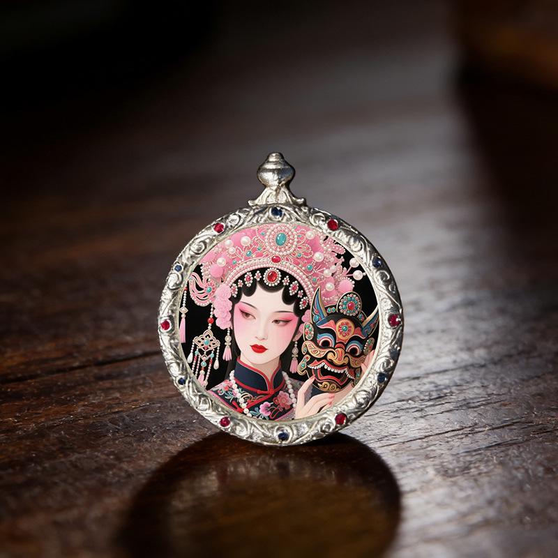 3.5" Silver Conch Shell Copper Thangka Pendant with Green Zhaki Wolf King Design
