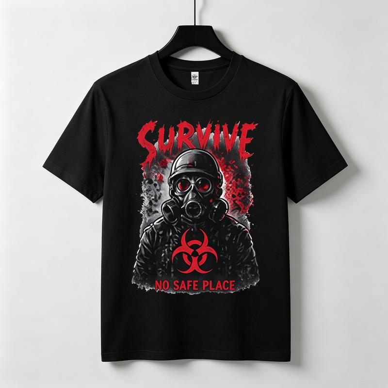 Survive Gas Mask Biohazard Tshirt Zombie Apocalypse Horror Graphic Dark Grunge Streetwear Black White Navy Casual Top Harajuku