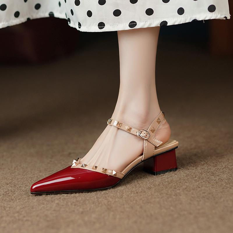 Spring and summer new thick heel bag head sandals women's pointed head rivets shallow mouth patent leather shoes