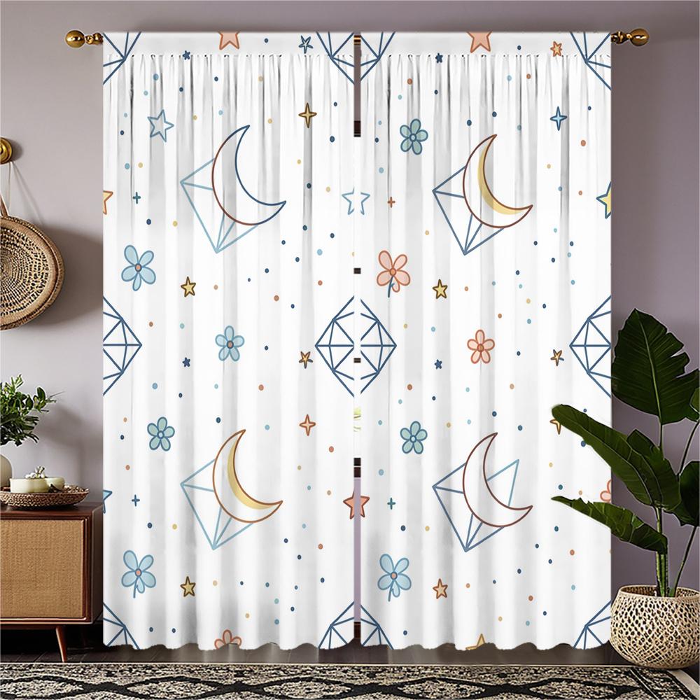 2pc Boho Celestial Moon Star Flower Curtain Panels Lightweight Decorative Window Curtains for Nursery Room Boho Aesthetic Decor 60×150cm