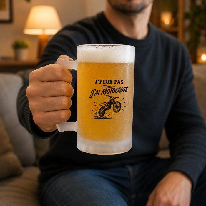 Verre à bière - PLANETEE - J’peux pas j’ai Motocross - Givré - Verre trempé 470 ml - Imprimé Bretagne