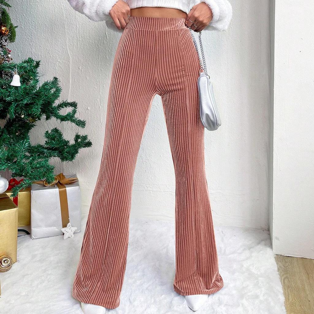 New High-Waisted Corduroy Bell Bottom Pants, Solid Color Casual Wide-Leg Sweatpants for Women