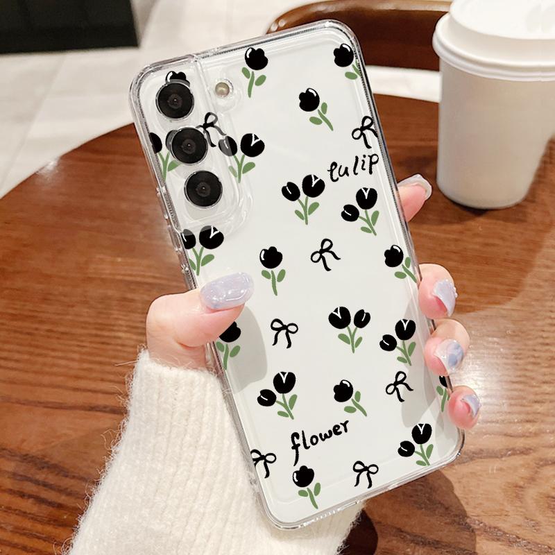 Retro Flowers Black Rose Print Case For Samsung S26 S25 Ultra S24 S23 S22 S21 FE A15 A35 A55 A16 A26 A36 A56 A17 A37 A57 5G Plating Lens Soft Cover