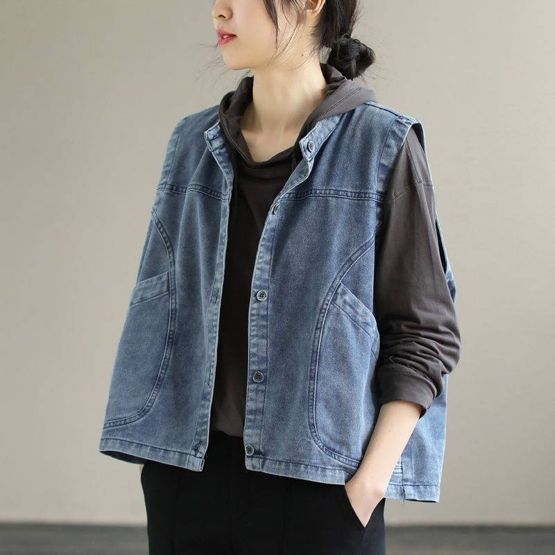 Spring and Autumn Denim Vest Women Literary Leisure Fashion Loose Shoulders Outside Sleeveless Shoulder Undershirts Plus Size
