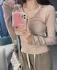 Milk Apricot V-Neck Knitted Sweater for Women - Spring Slim Fit 2025, Sweet & Spicy Polo Neck, Long-Sleeved Top, Bottoming Shirt