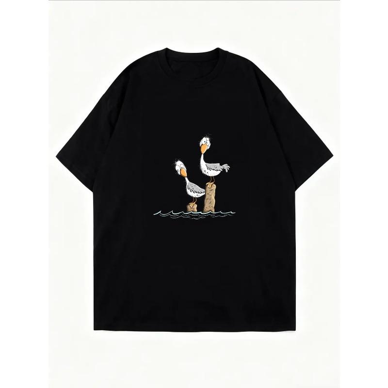 Cotton T Shirt White Pelican Cartoon Print Summer Casual Wear