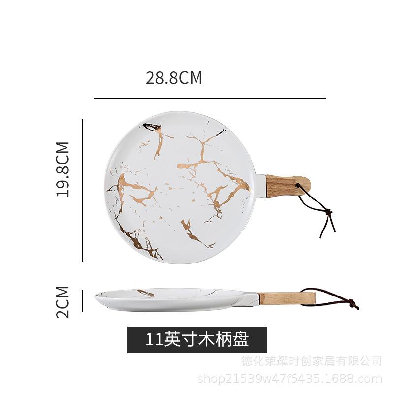 

тарелка из мраморной керамики с деревянной ручкой, креативная ручка для столовых приборов, тарелка в западном стиле, тарелка для стейков и димсамов, изысканное чувство